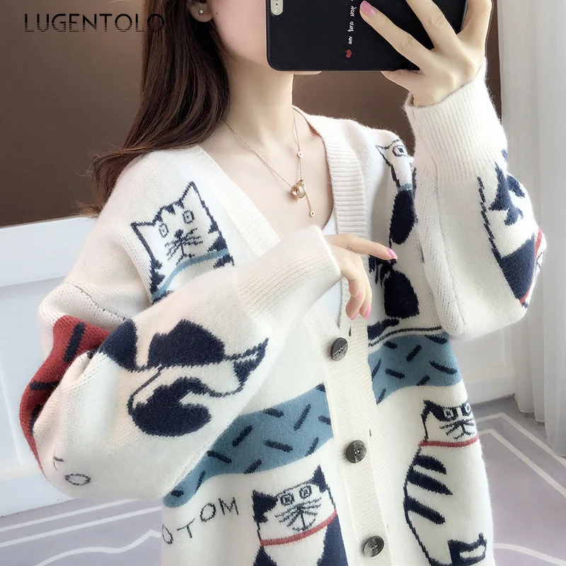 

Knitted Sweater Women Cartoon Cat Print Autumn Winter Single-breasted Lazy Casual Female Casual Loose Cute Sweaters Lugentolo
