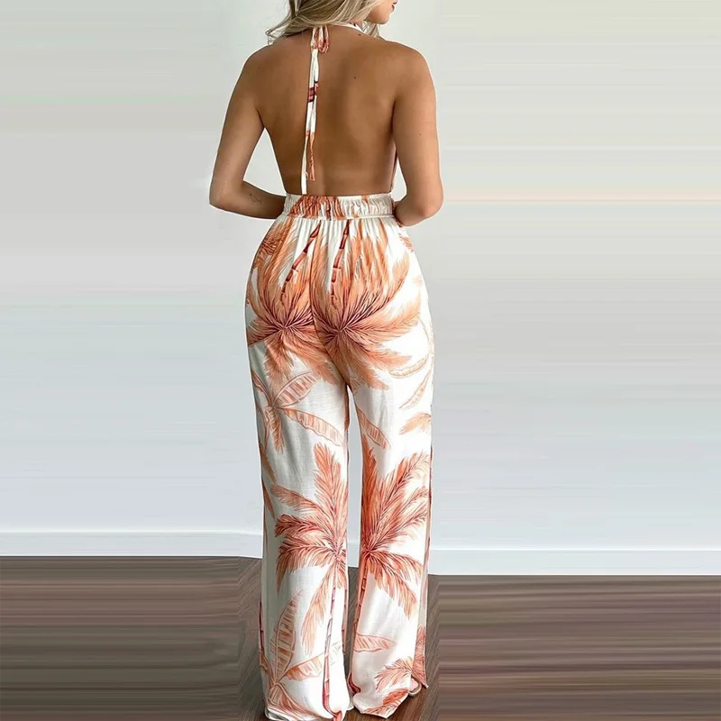 

2021 Office Lady Halter Deep V-Neck Jumpsuit Sexy Hollow Out Design Women Playsuits Fashion Off Shoulder Wide Leg Pant Romper XL