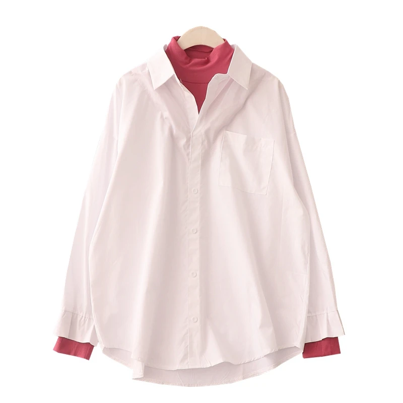 

2020 summer new false two pieces women blouses solid turtleneck casual fashion patchwork all match preppy style female shirts