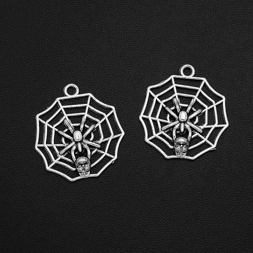 

8pcs/Lots 27x30mm Antique Silver Plated Halloween Charms Spider Web Skull Head Pendants Creative Jewelry Making Parts Hand Made