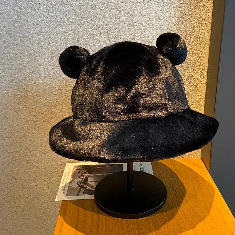 

Autumn Winter Warm Leopard Fur Bucket Hat Bear Ear Ball Plush Fisherman Hat Soft Thick Basin Hat Protection Bucket Hats Women