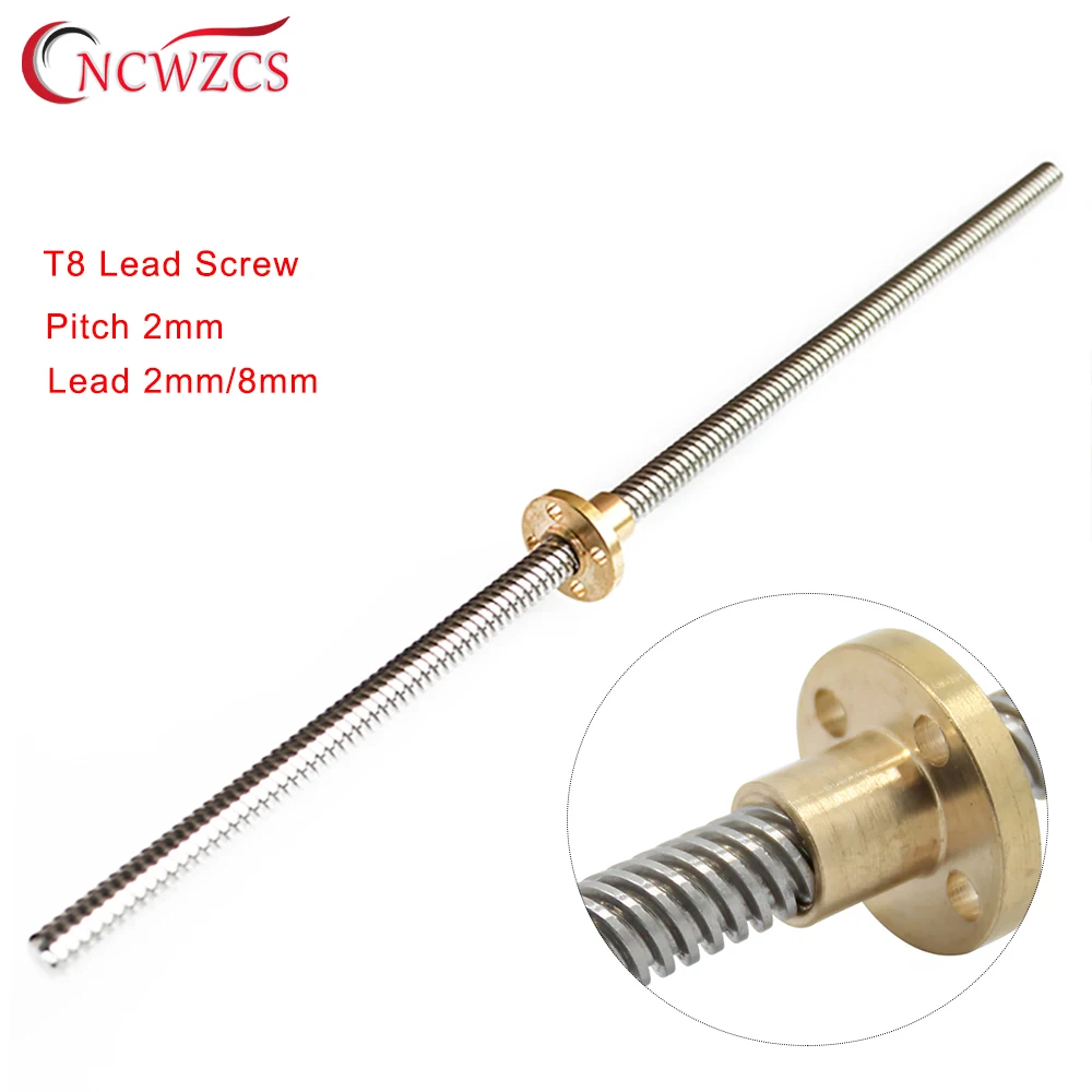 1PC CNC 3D Printer T8 Lead Screw Trapezoidal Rod Lead 2-8mm Length100mm/200/400mm/500mm/600mm/800/1000mm/1200mm With Copper Nuts