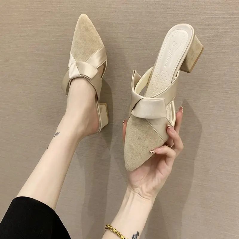 New Woman Bowtie Flock Block Heels Slippers Mules Talons Feminino Outdoor Ladies Luxury Chaussure Femme Slides Cover Toe Shoes