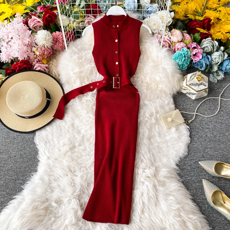 ALPHALMODA 2020 Summer Women Knit Dress Single Breasted Slim Belted Sleeveless Ladies Vintage Solid Knitting | Женская одежда