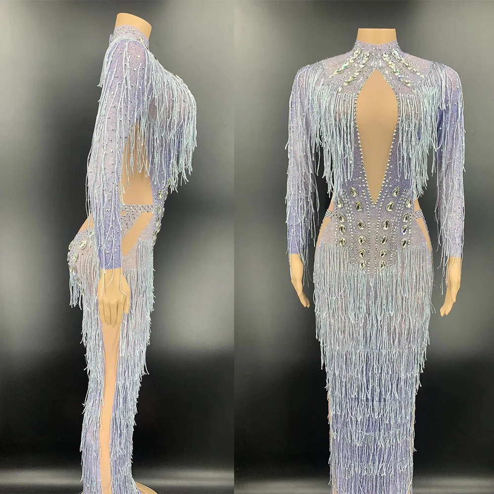 Sparkling Rhinestones Tassel Split Fork Dress Ankle-Length Long Sleeve Club Evening Costume Party For Women Stage Wear |