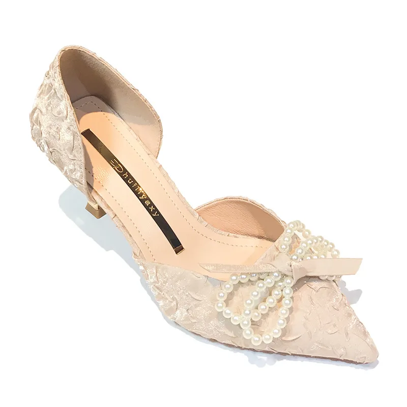 

2021 Gold Heels Women's High-Heeled Shoes Shallow Mouth Branded Pumps Sandals Ladies Pointed Wedge Slip On Latest Lace-Up Beige