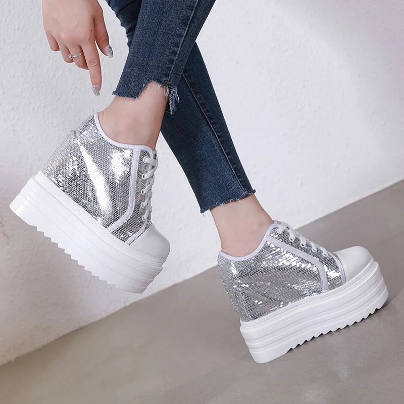 

2023 Autumn new 13 cm muffin bottom increased women's shoes European and American fashion thick-soled sequined high-heeled shoes