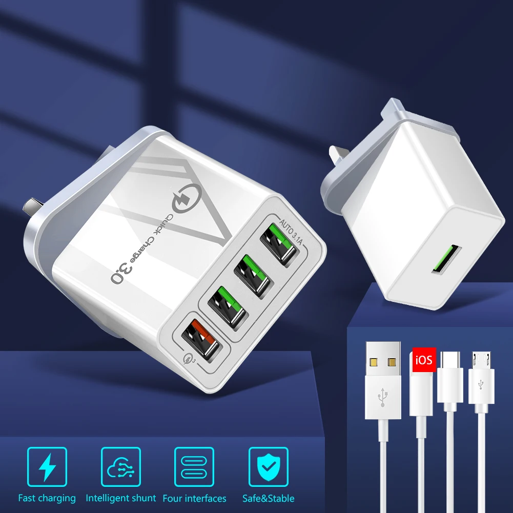 2 4/3A 5 в 1/4 USB QC 3 0 UK штекер зарядное устройство с кабелем Быстрая зарядка адаптер