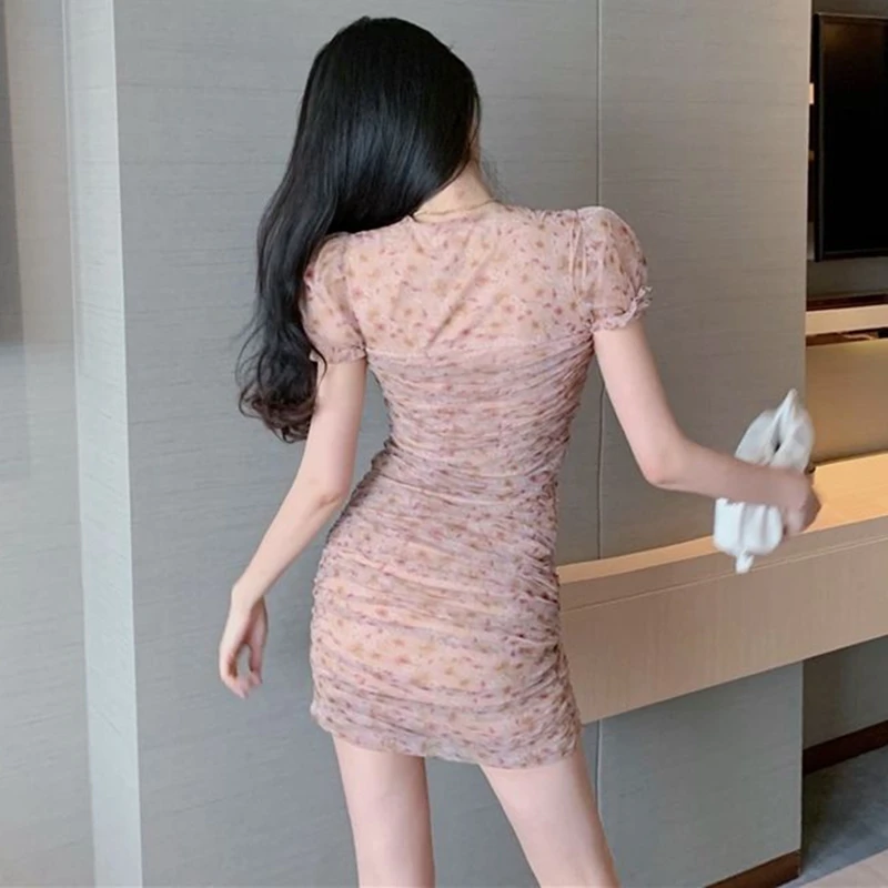 

New Fashion Floral Printed Vintage Summer Dresses Elegant Women Casual Bodycon Sexy Party Vestidos Korean Short Mini Club Dress