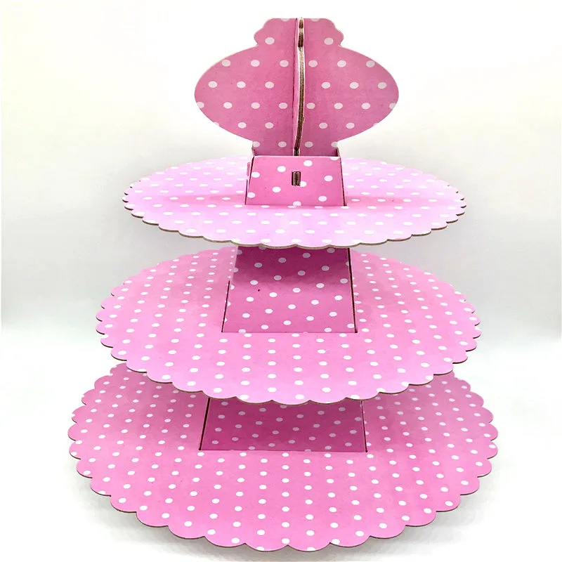 

1Set 3 Tier Wedding Birthday Cardboard Cupcake Paper Stand Plates Party Pink Red Yellow Color Dot Cake Holder Lunch Tea Time