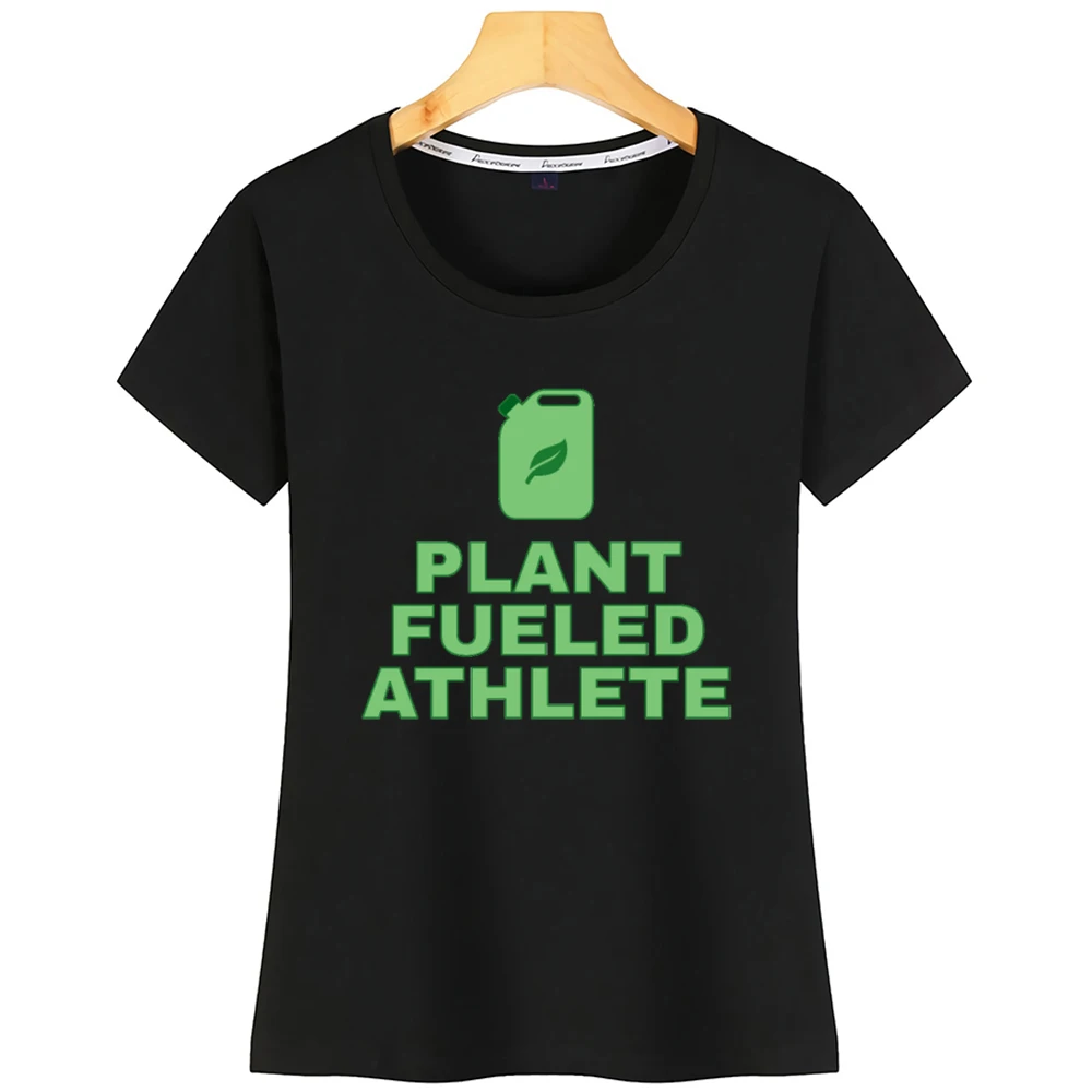 

Tops T Shirt Women Plant Fueled Athlete Proud Vegan Athlete Casual Black Cotton Tshirt