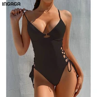 ingaga push up one piece swimsuit womens swimwear 2021 lace up bodysuit solid high cut beachwear sexy backless bathing suit