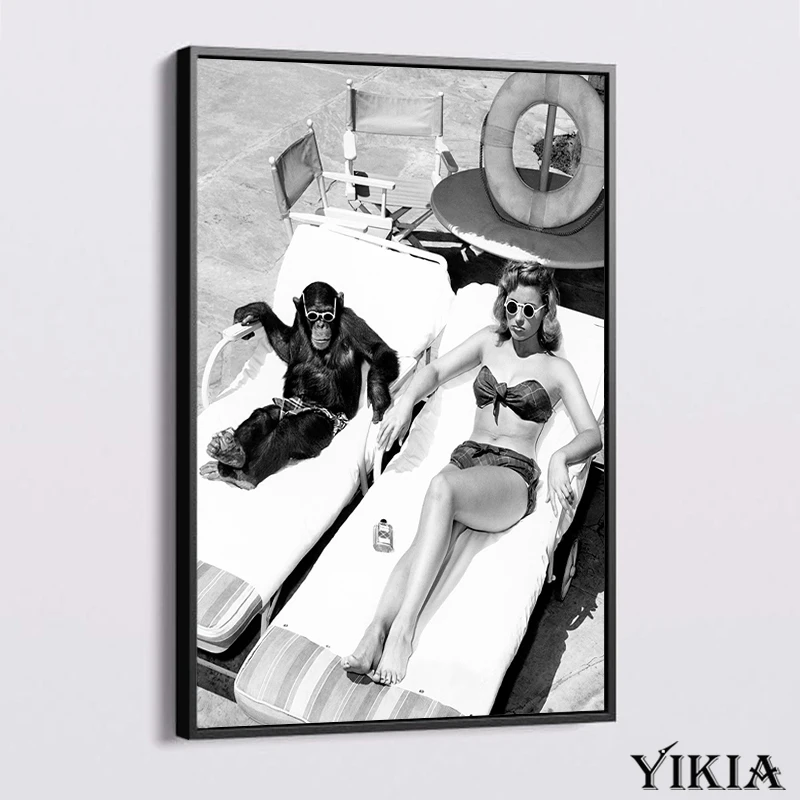 

Orangutan and sexy woman Canvas Painting HD figure animal Posters custom print Wall art Black and white home decor picture