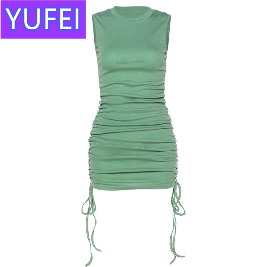 

Macheda Summer Solid Casual Vacation Slim Dress Women knitting O Neck Sleeveless Fashion Skinny Lady Mini Wrap Dress New
