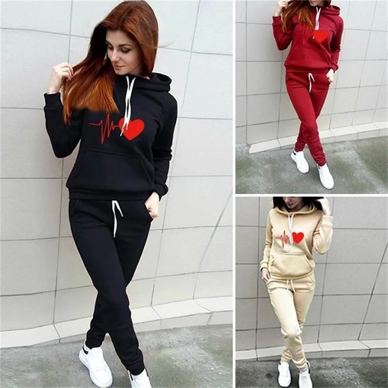 

Autumn Tracksuit 2Pcs Jogging Suits for Women Suit Solid Color Tracksuits Fleece Heart Print Hoodies Pant Set Sport Leisure Wear