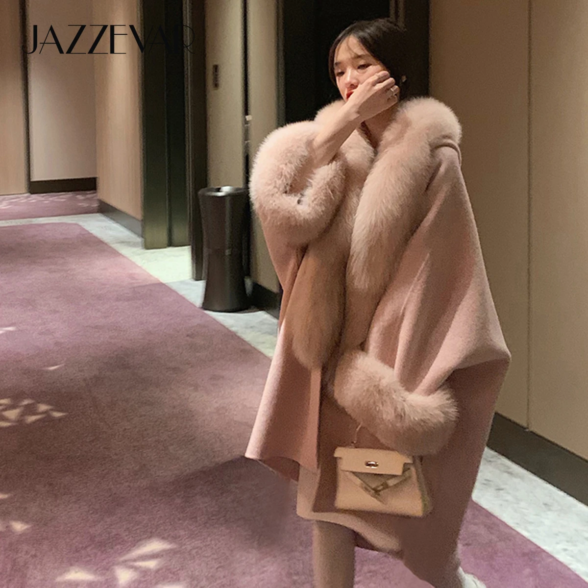 JAZZEVAR 2020 winter Coat Women luxurious Natural Fox Fur Jacket socialite Cashmere double faced Wool Outerwear Ladies cloak enlarge