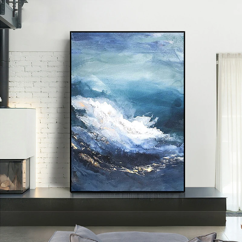 

Aesthetic Room Decor Hand Painted Canvas Oil Painting Home Decoration Accessories For Living Room Wall Blue Waves Choppy Unframe