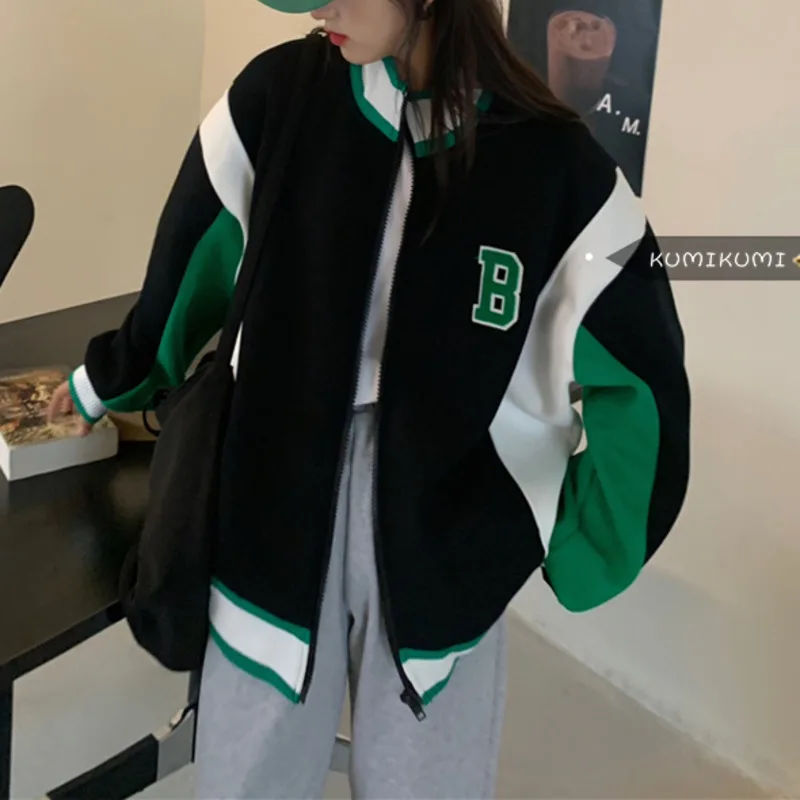 

Американский бейсбольный костюм с цветными блокировками, Женская Повседневная универсальная утепленная Свободная куртка на осень и зиму