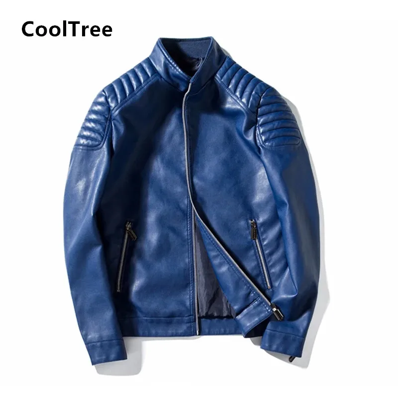 

CoolTree Men Leather Jacket Spring Autumn Stand collar Solid color PU Coats Male Slim Fit Windproof Motorcycle PU Outerwear Tops