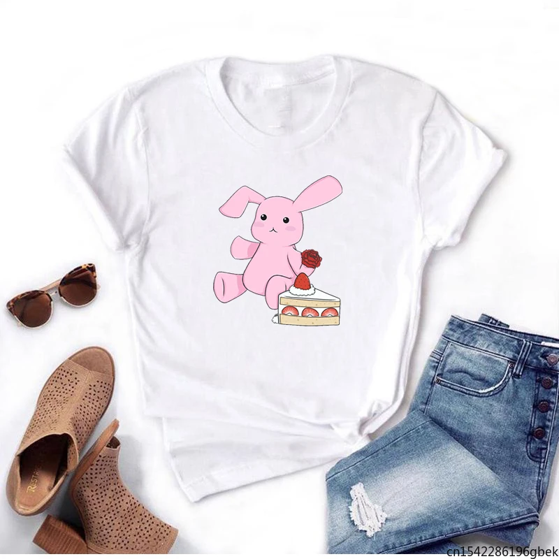

Cartoon Pink Bunny and Cake Pattern Printed T-shirt Funny Harajuku Style Round Neck Girl Woman Summer