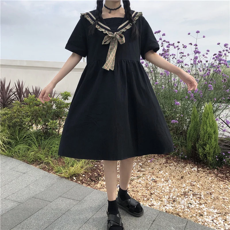 

Japanese Summer Harajuku Women Fashion Lolita Sweet Kawaii Cute Short Sleeve Vintage Midi Black Dress For Girls Vestidos Verano