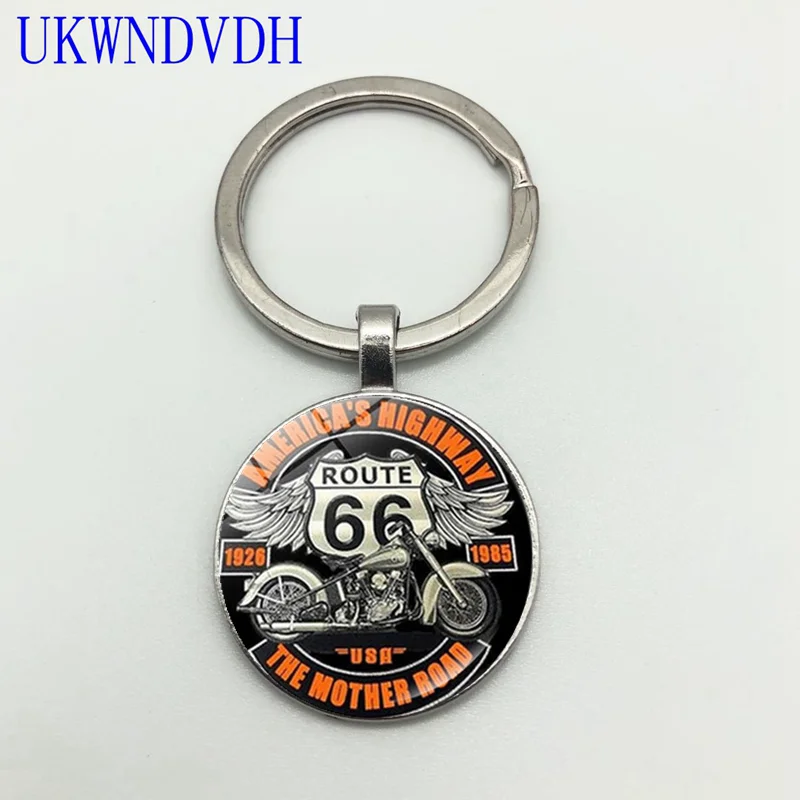 

2019 new fashion motorcycle style cabochon pendant keychain US Route 66 keychain pendant