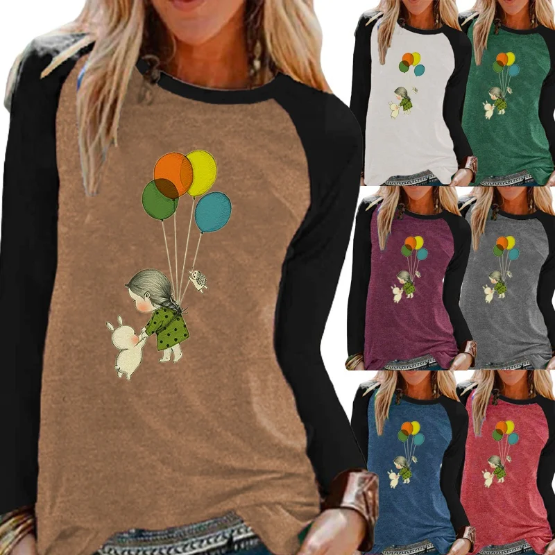 

Autumn Ladies Casual Long Sleeve Shirt Top Fashion Round Neck Loose Cartoon Print Women's T-shirt Sweatshirt XS-5XL