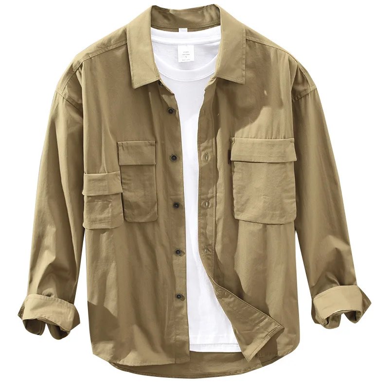 

M908 fashion Japanese men's pocket Work Shirt Youth loose square collar long sleeve cotton shirt