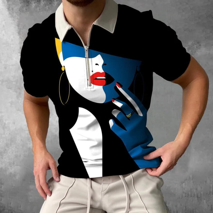 

2021 new character pattern short-sleeved pullover casual T-shirt, zipper POLO shirt