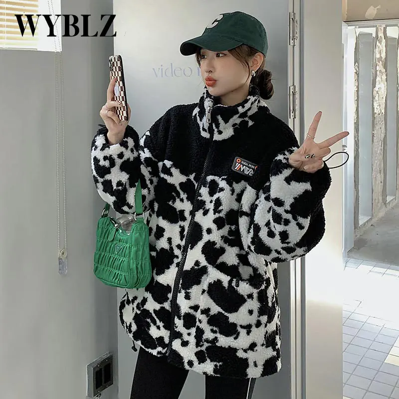 

WYBLZ Winter Lamb Wool Jackets Women Streetwear Hip Hop Cow Spot Pattern Cotton Coat Female Block Patchwork Thicken Outwear New