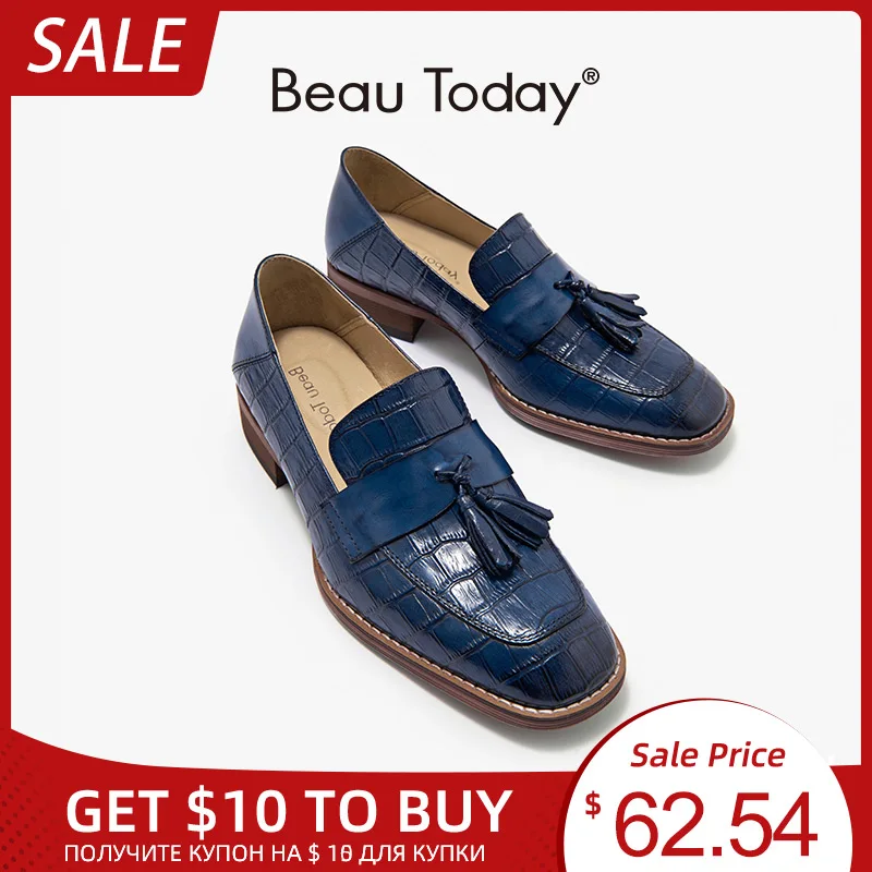 

BeauToday Fringe Loafers Women Genuine Cow Leather Alligator Pattern Square Toe Slip On Ladies Flats Dress Shoes A27053