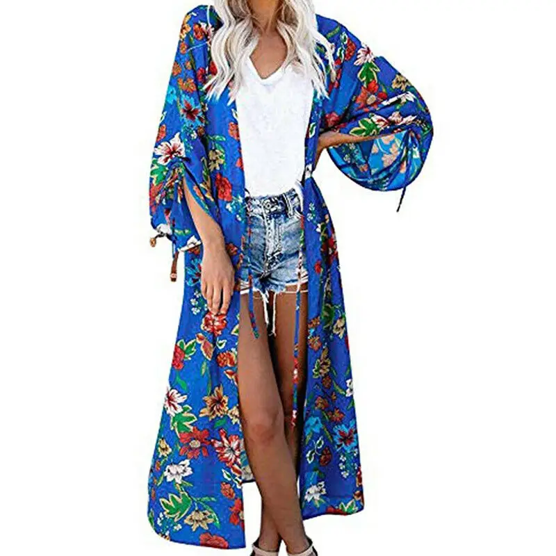 Модное женское длинное кимоно в стиле бохо кардиган накидка на бикини топ пальто