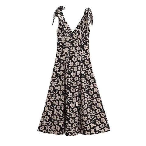 BBWM Women Vintage Boho Bow Floral Long Dresses 2022 New Fashion Elegant Female Sleeveless Leisure Loose Print Dress Chic