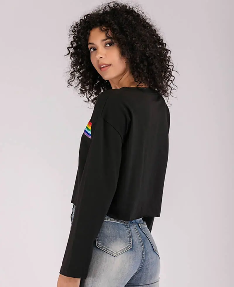 

Cotton Women Sweatshirts 2019 Fashion Loose Printed Solid Black Rainbow Pattern Women Sweatshirt Autumn Female Casual Sweatshirt