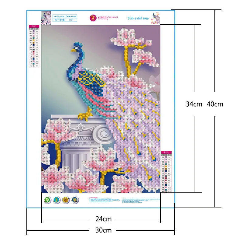 Алмазная живопись 5D Павлин мозаика розового и фиолетового цветов с рисунком