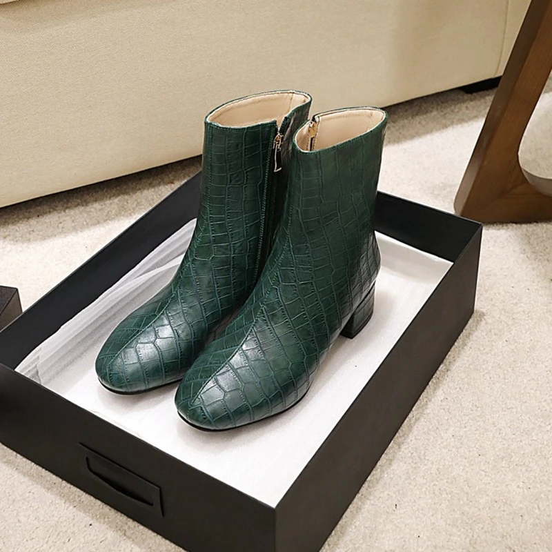 

ORCHALISA Winter Mid-calf boots Square toe 4cm Block heels checkered Zip Solid Big size 34-48 Black Green Apricot Work C2049