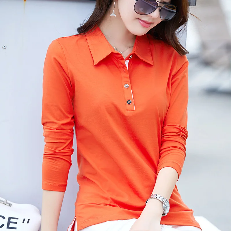

Lapel spring and summer T-shirt women's long sleeve fashion Korean slim fit pure cotton large size women's solid color collar