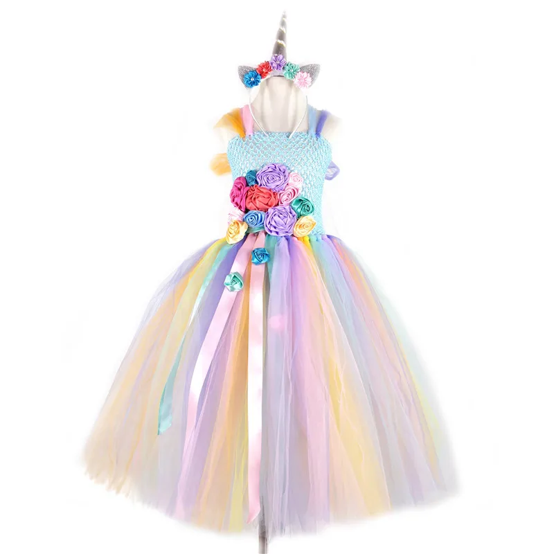 Детское платье с единорогом для девочек Бальное цветочной аппликацией Платья