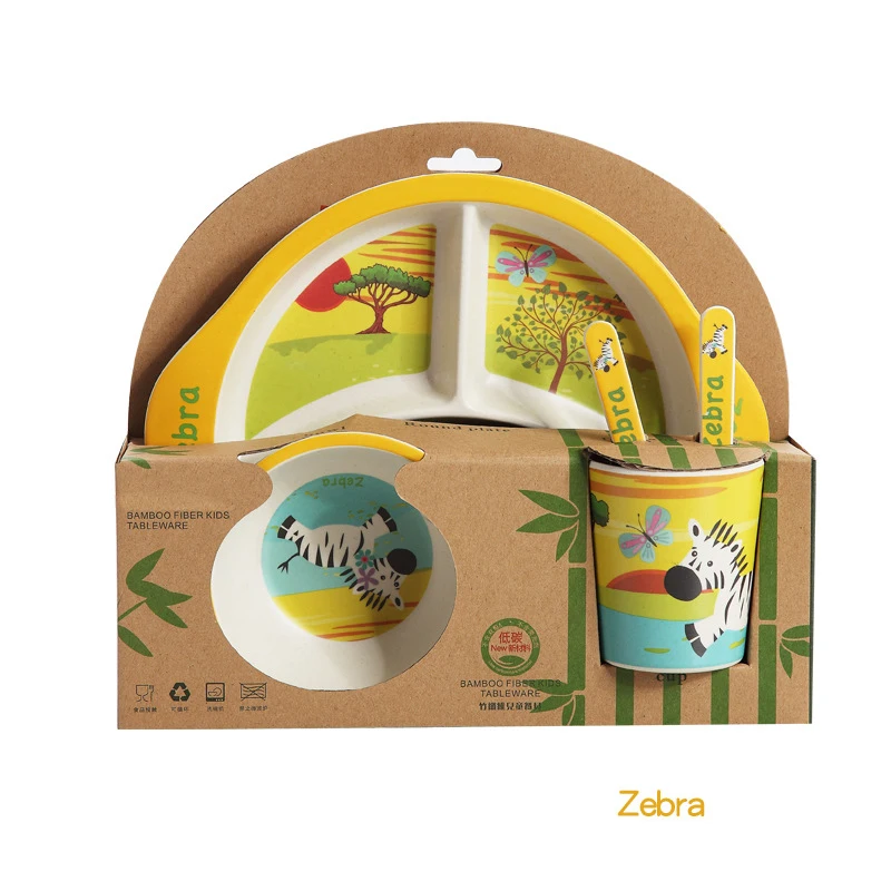 Zebra 5 шт./компл., бамбуковое волокно, детская посуда для еды с героями мультфильмов, детская тарелка, миска для кормления детей, ложка, вилка - Цвет: Zebra
