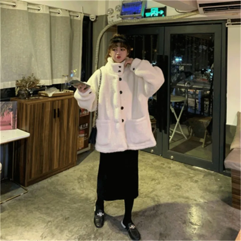 

Autumn Winter Korean Style Loose Women Coats Lamb Wool Fashion Jackets Solid Color Cute Round Neck Female Sweatshirt Clothing