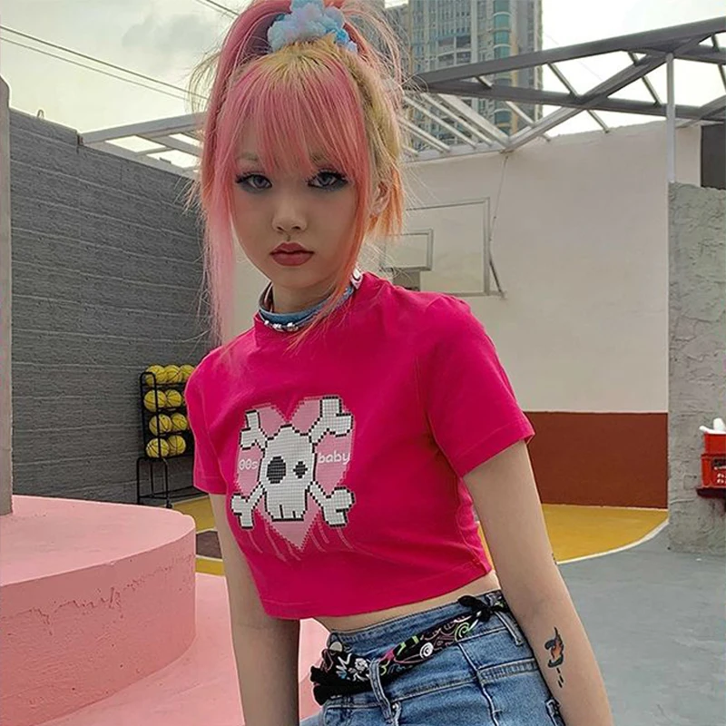 

Love Skull Print Anime Harajuku Goth Female Women T-Shirt Kawaii Short Summer Women Streetwear Crop Top Y2K Vintage Punk Clothes