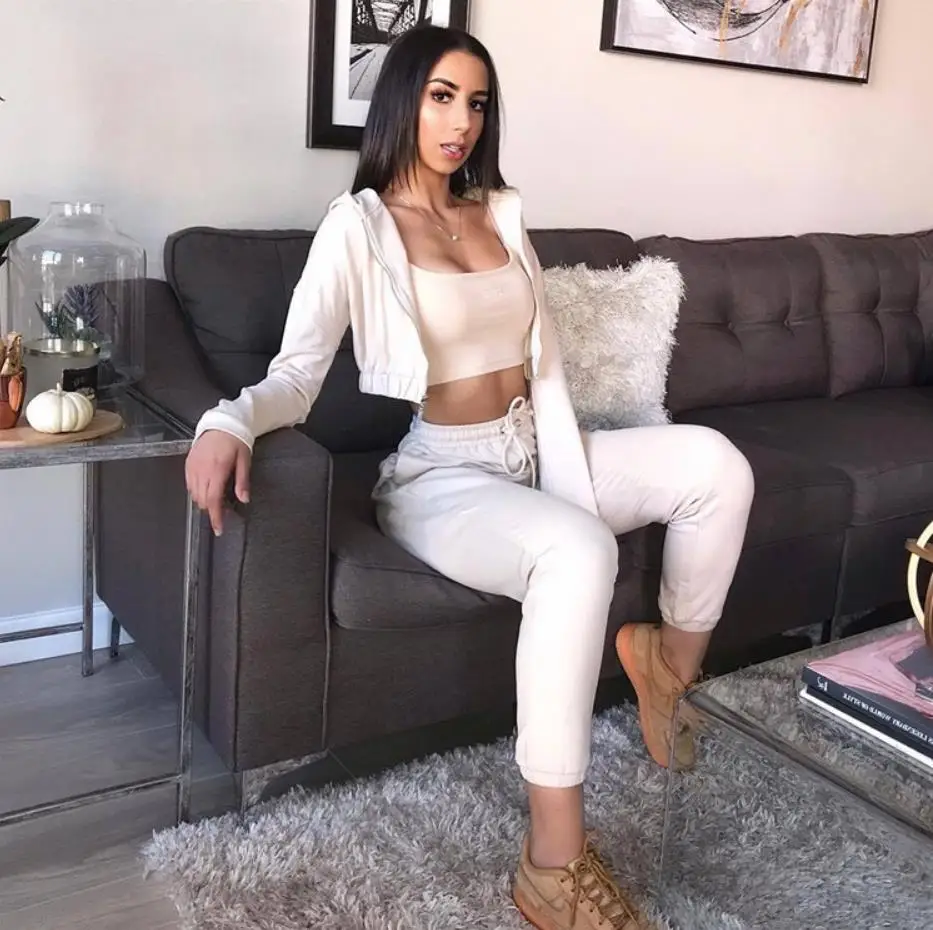 

Fitness Tracksuit Two Pieces Set For Women Spring Fall Casual Long Sleeve Hooded Jacket Coat&Lacing Trousers Set For Workout