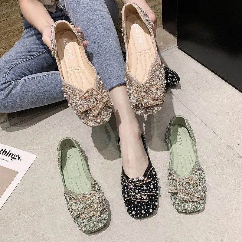 

2021 Women Fashion Ballet Flats Bling Crystal Diamond Dress Flats Ladies Bow Sequins Single Shoes Rhinestone Glitter Square Toe
