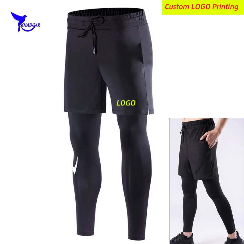 High Elastic Men Shorts+Pants 2 in 1 Running Tights Quick Dry Gym Fitness Leggings Workout Sportswear Yoga Sweatpants Custom