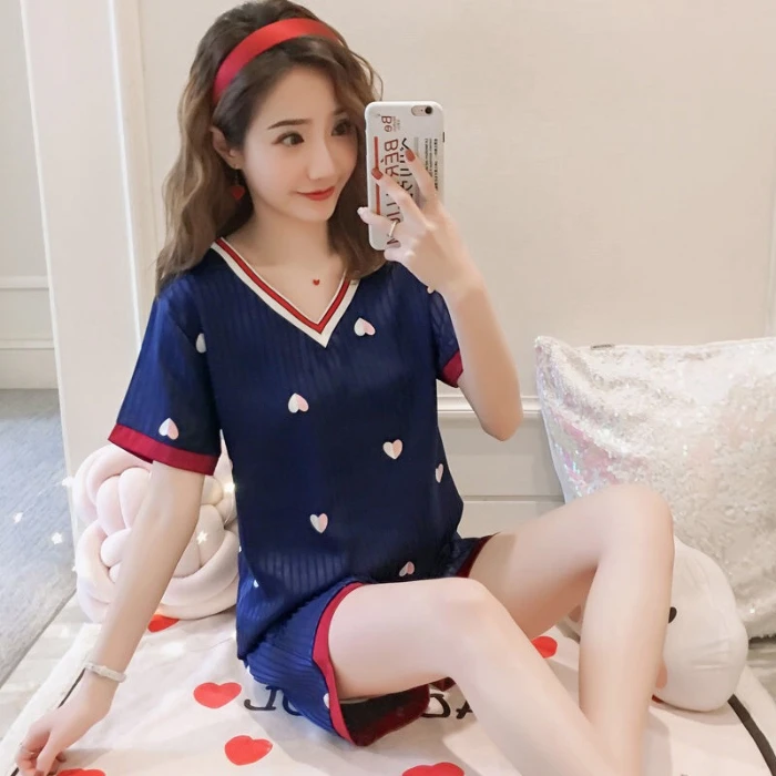 Пижама для женщин лето 2020 милый Принт короткий рукав шелк v-образный вырез