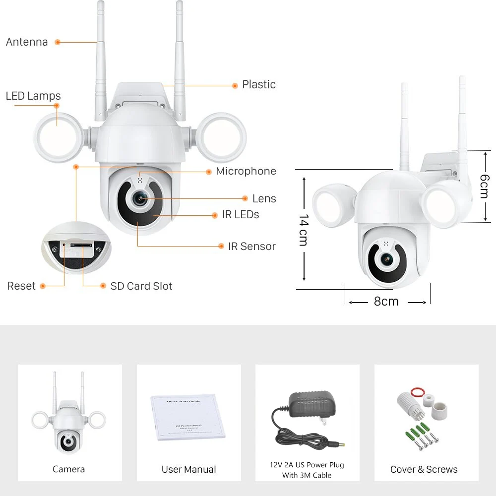 Floodlight Courtyard Lighting WIFI Camera 3MP PTZ Outdoor Wireless IP CCTV IR IP66 Home Garden Security 3M Extend Cable | Безопасность и