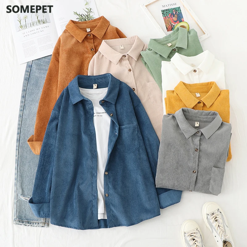 

Corduroy Women Blouses Shirts Tunic Womens Tops And Blouses 2021 Womenswear Long Sleeve Clothing Button Up Down Loose White New