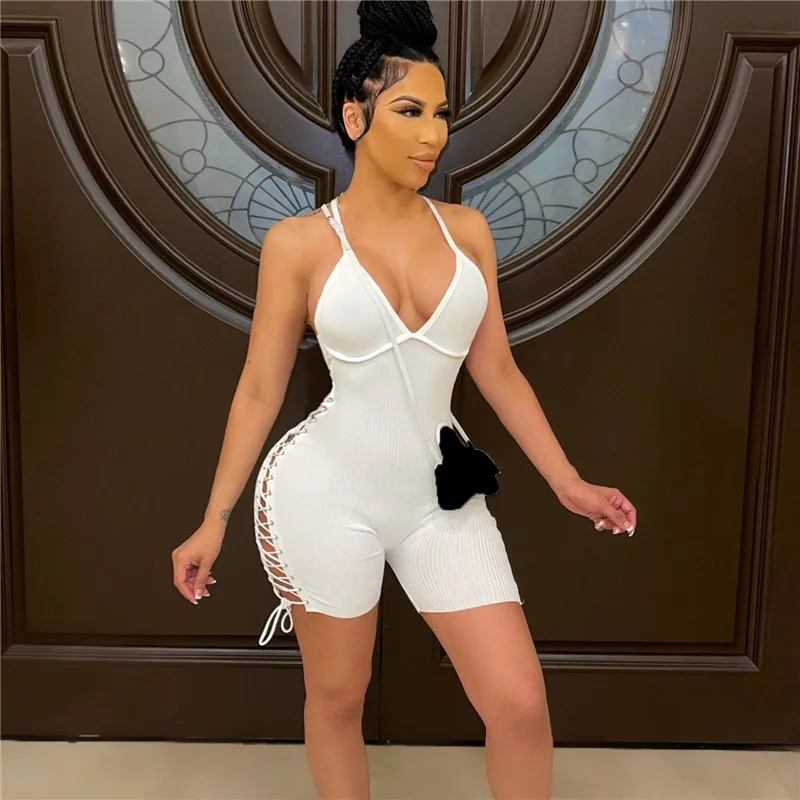 

WUHE Women Lace Up Hollow Out Ribbed Bodycon Playsuit Active Summer Elastic Romper Basic Yoga One Piece Overalls Outfits