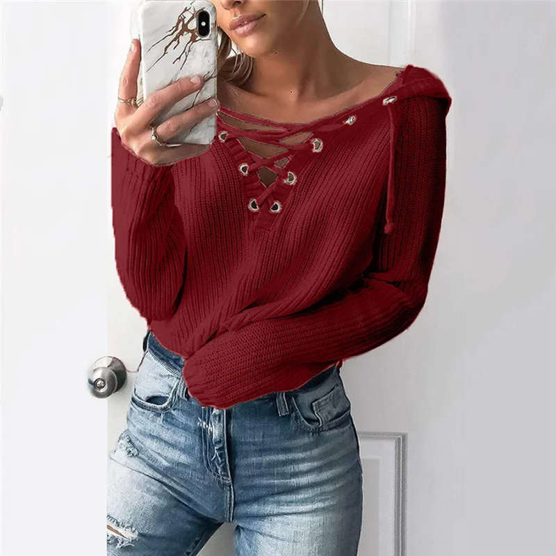 Female Lace Up Solid Sweater Women Fashion Winter Baggy Coat Chunky Knitted Oversized Hooded Jumper Swetry Damskie | Женская одежда