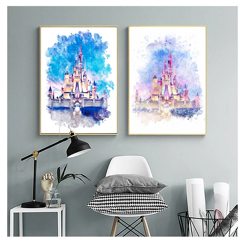 

Настенная картина для детской комнаты с изображением мультяшного замка, Картина на холсте, декор для детской комнаты, украшение для дня рож...